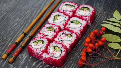 High angle view of sushi on table