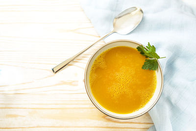 High angle view of soup in bowl on table