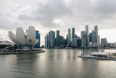 River in city against cloudy sky