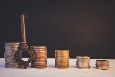 Close-up of coins on table