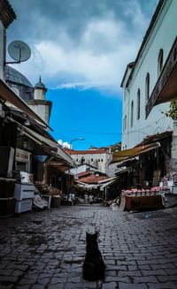 Street market in city against sky