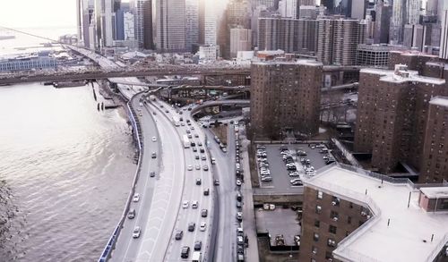 High angle view of street amidst buildings in city