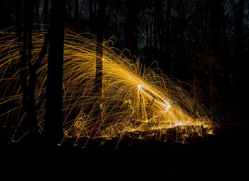 Long exposure speed motion abstract of steel wool in the forest. star wars effect.