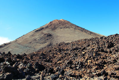 Low angle view of mountain against clear blue sky