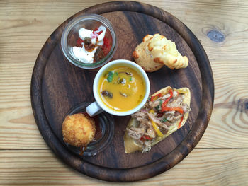 High angle view of food served on table