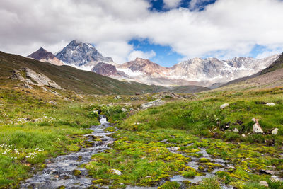 Scenic view of snowcapped mountains against sky