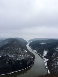 Aerial view of river against sky during winter