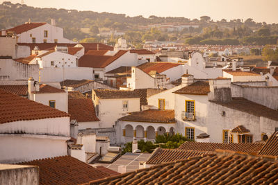 High angle view of houses in town