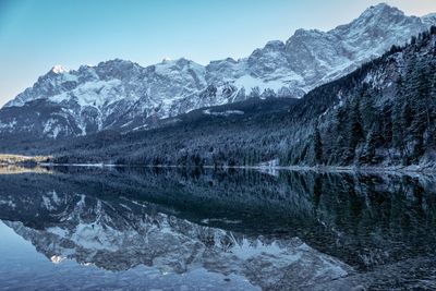 Scenic view of lake by snowcapped mountains against sky