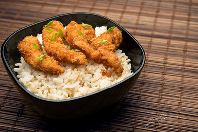 High angle view of meat in plate on table