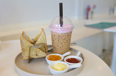 Close-up of breakfast on table