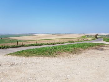 Scenic view of field against clear blue sky