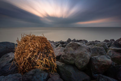 Rocks on beach against sky during sunset