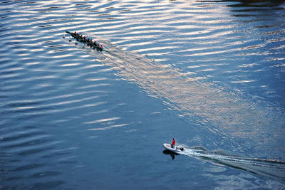 High angle view of people on lake