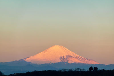 Scenic view of snowcapped mountains against sky during sunset
