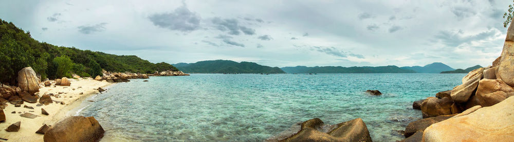 Panoramic view of sea and rocks against sky