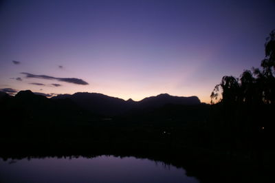 Scenic view of lake and silhouette mountains against sky at sunset