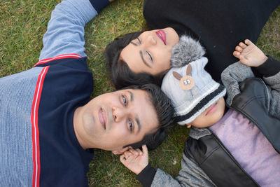 High angle portrait of father, mother and boy