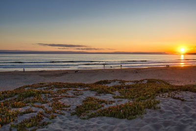 Scenic view of beach against sky during sunset