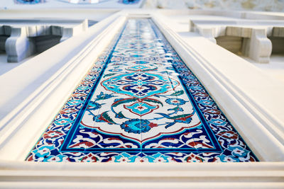 Interior with multicolored tile panel in camlica mosque. wall decoration  in istanbul, turkey.