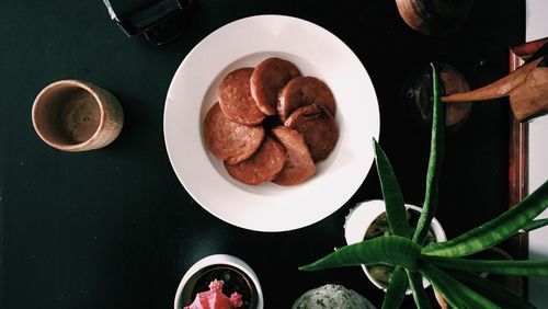 High angle view of breakfast on table