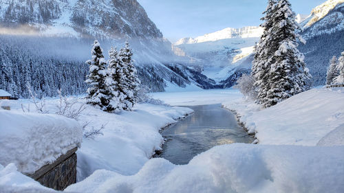 Scenic view of snowcapped mountains during winter