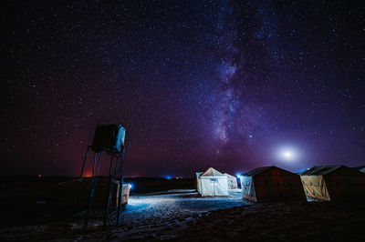 Illuminated tents against sky at night
