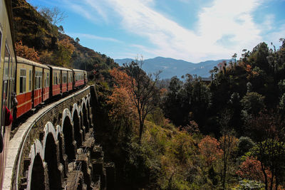 Train on railroad track against sky