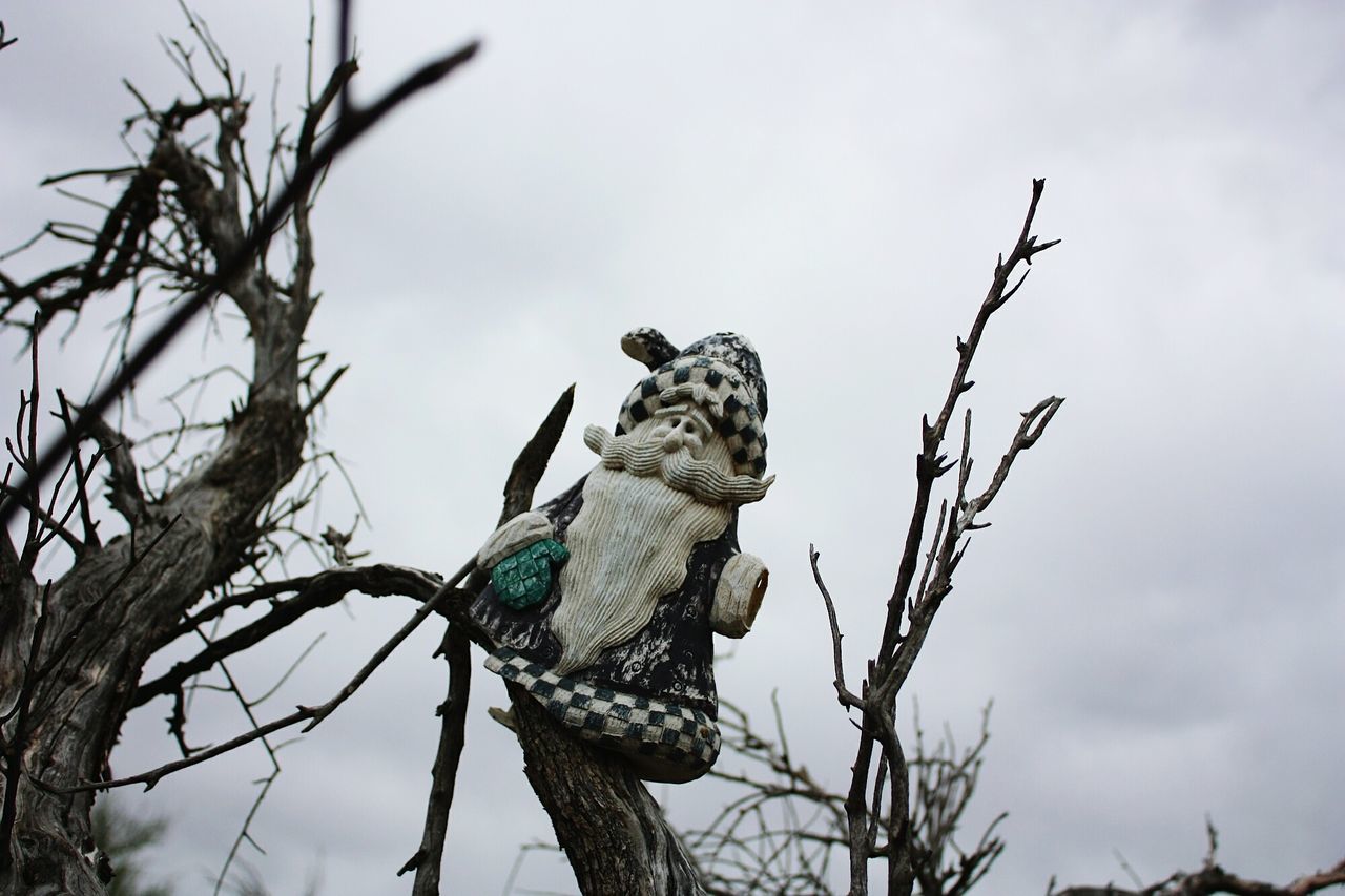 low angle view, sky, statue, human representation, sculpture, art and craft, art, branch, tree, creativity, cloud - sky, nature, bare tree, day, outdoors, leaf, no people, cloud