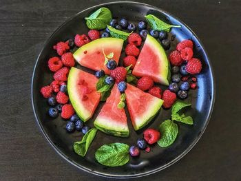 High angle view of fruits in bowl on table