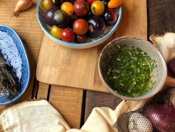 High angle view of fruits in bowl on table