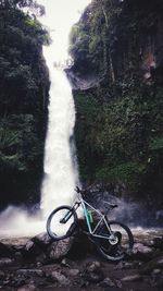 Bicycle parked on rock against trees