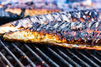 Close-up of meat on barbecue grill