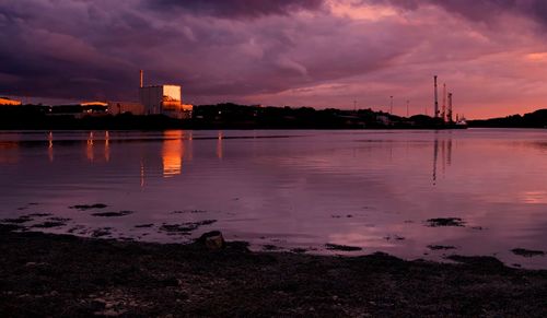 Scenic view of lake against sky at sunset