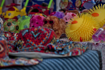 Close-up of toys for sale