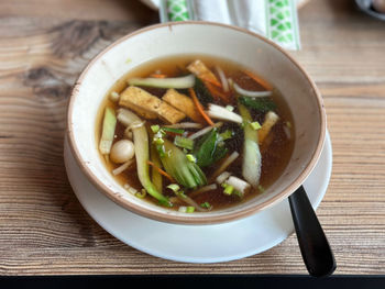 High angle view of soup in bowl on table