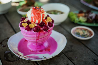 Close-up of dessert served on table