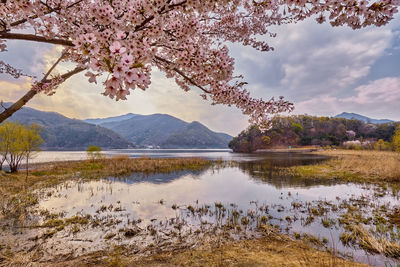 Scenic view of lake by mountains against sky