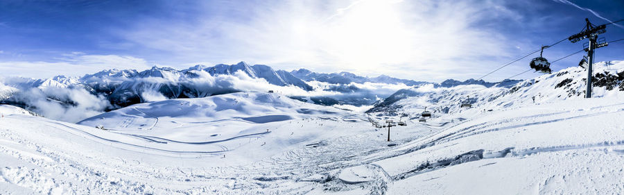 Scenic view of snow covered mountains against sky