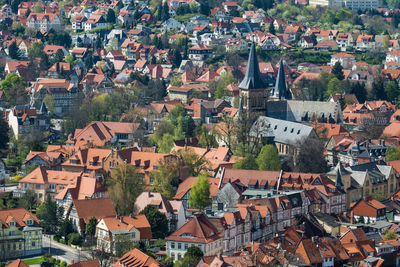 High angle view of houses in town