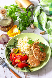 High angle view of meal served on table