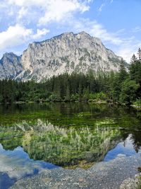 Scenic view of lake and mountains against sky