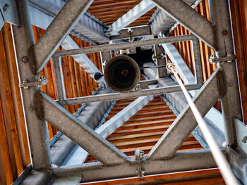 Bottom view to bell inside of bell tower. ringing bell in viewtower at knezmost, czechia.