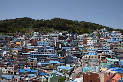 High angle view of townscape against clear sky