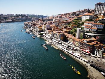 High angle view of river amidst buildings in city