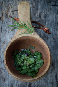 High angle view of vegetables in bowl on table