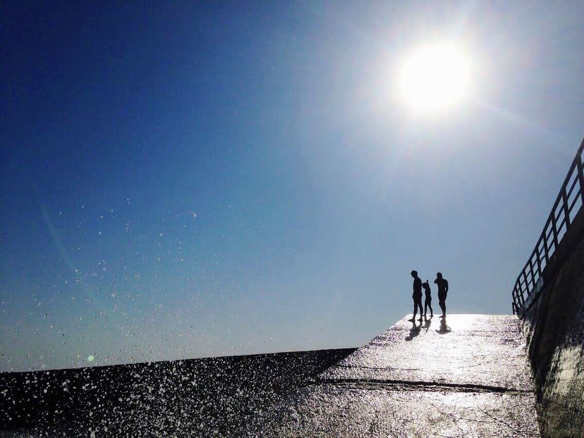 SILHOUETTE PEOPLE WALKING ON SUNNY DAY AGAINST SKY