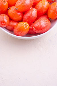 High angle view of strawberries in bowl