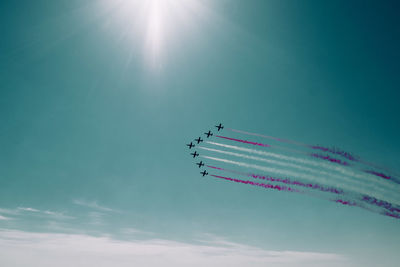 Low angle view of airplane flying against sky