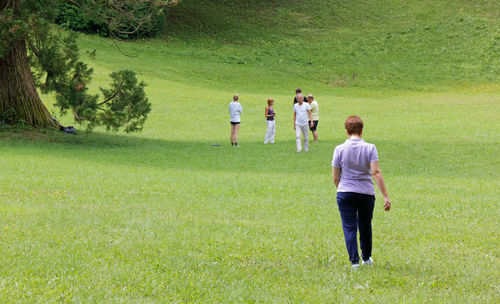 Rear view of people walking on grassland